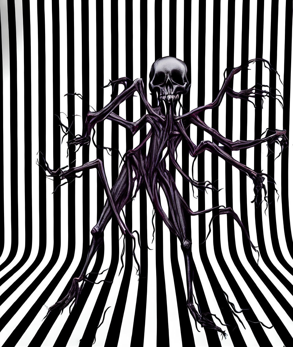 Skull illustration with dark tendrils on striped background