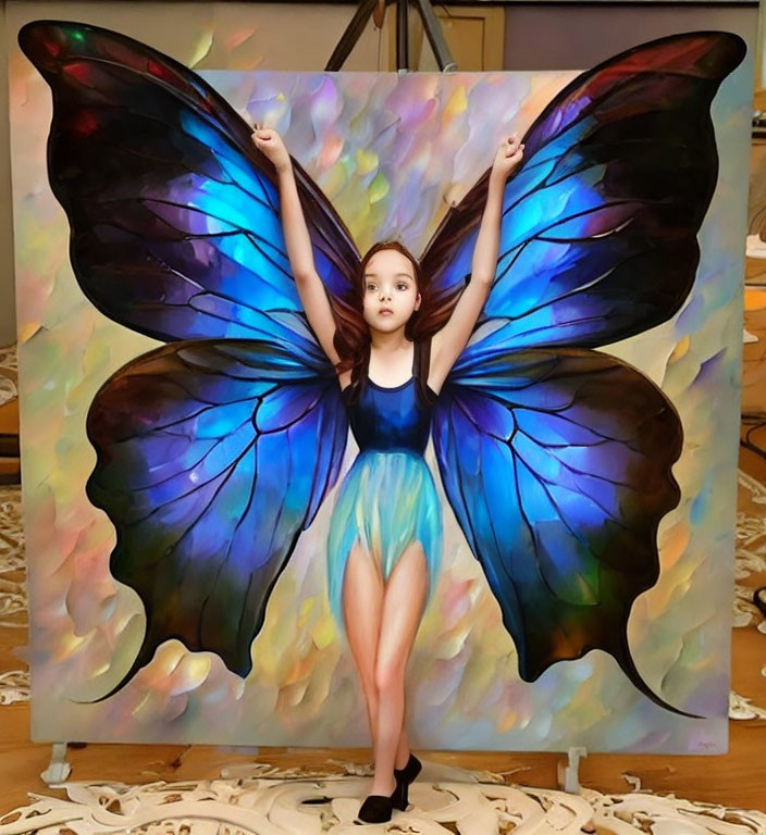 Young girl mimics butterfly wings in front of large painting