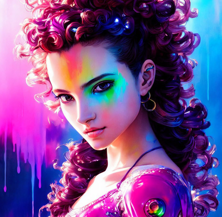 Colorful Digital Portrait of Woman with Curly Hair and Glowing Earring