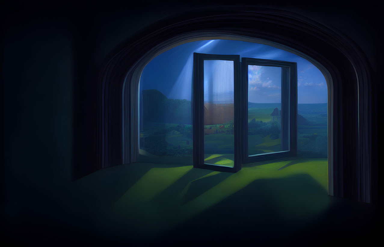 Moonlit Night Landscape Viewed Through Open Double Window