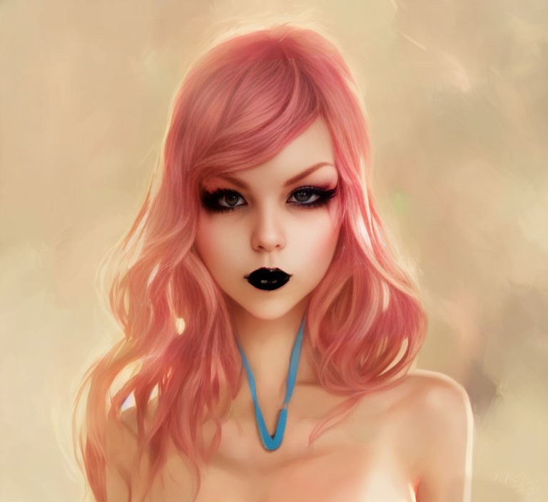 Stylized digital artwork of woman with pink hair and dark makeup