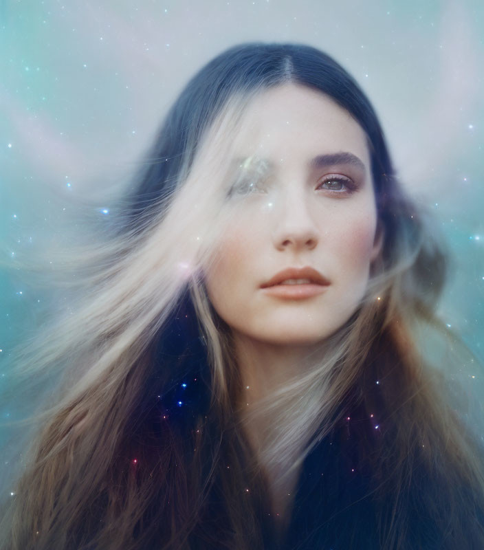 Cosmic starry overlay on portrait of woman with flowing hair