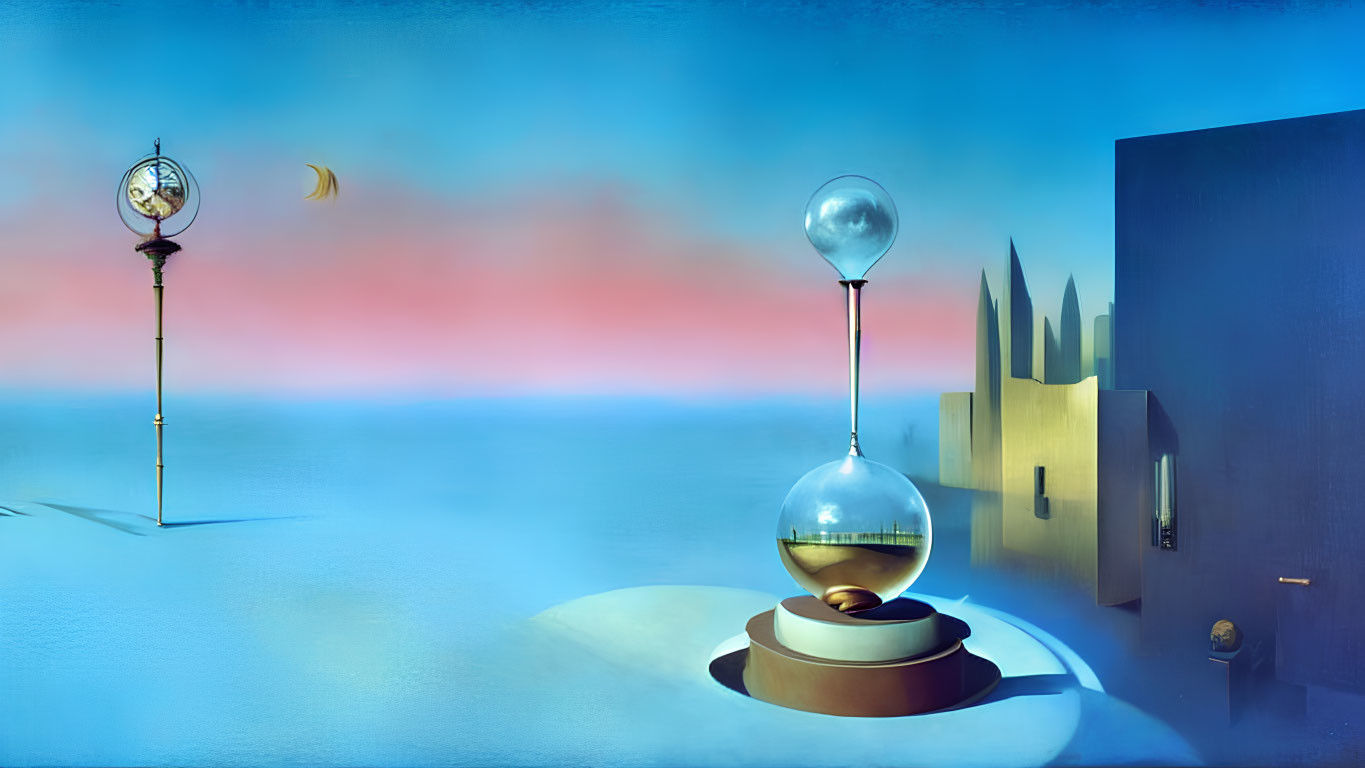 Surreal landscape featuring clock post, crescent moon, and transparent sphere on pedestal, abstract city