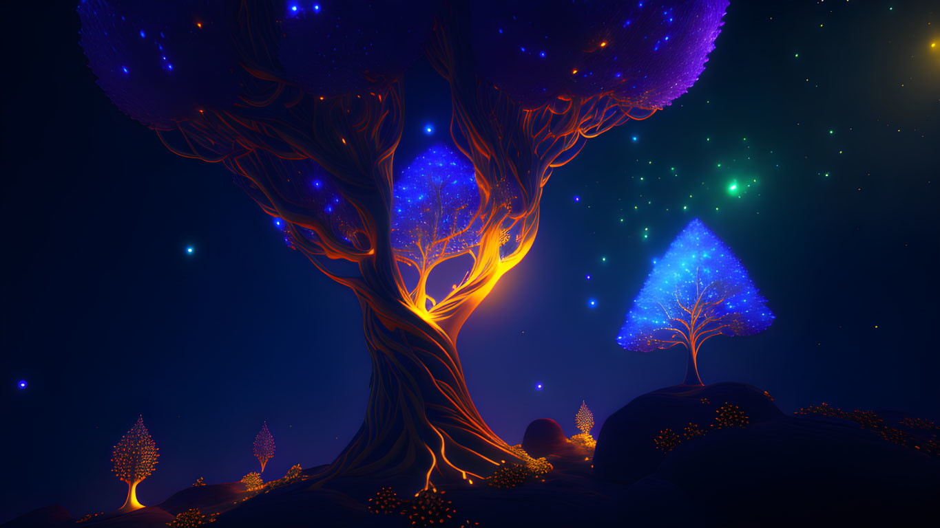 Enchanting night landscape with glowing trees under starry sky
