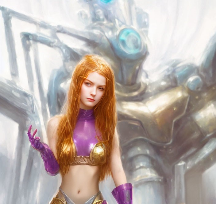 Digital artwork: Woman with red hair in futuristic armor on mechanical backdrop