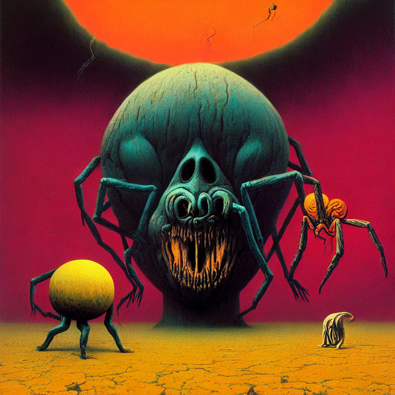 Surreal landscape with giant skull, spider creature, striped sphere, and winged entity under red