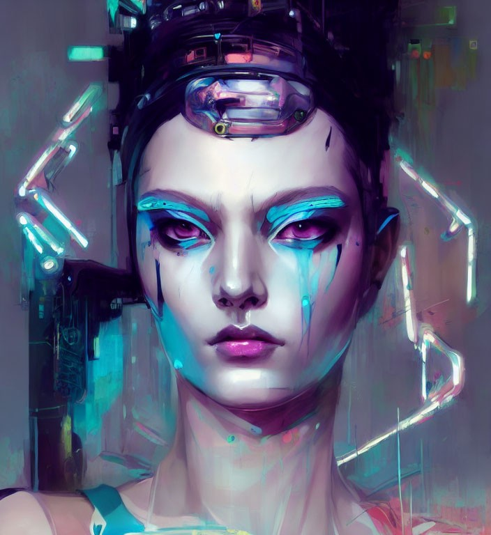 Female cyborg digital art with purple eyes and futuristic headgear