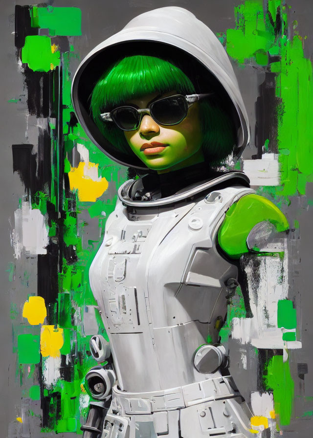 Futuristic woman in space suit with green hair and sunglasses against abstract background