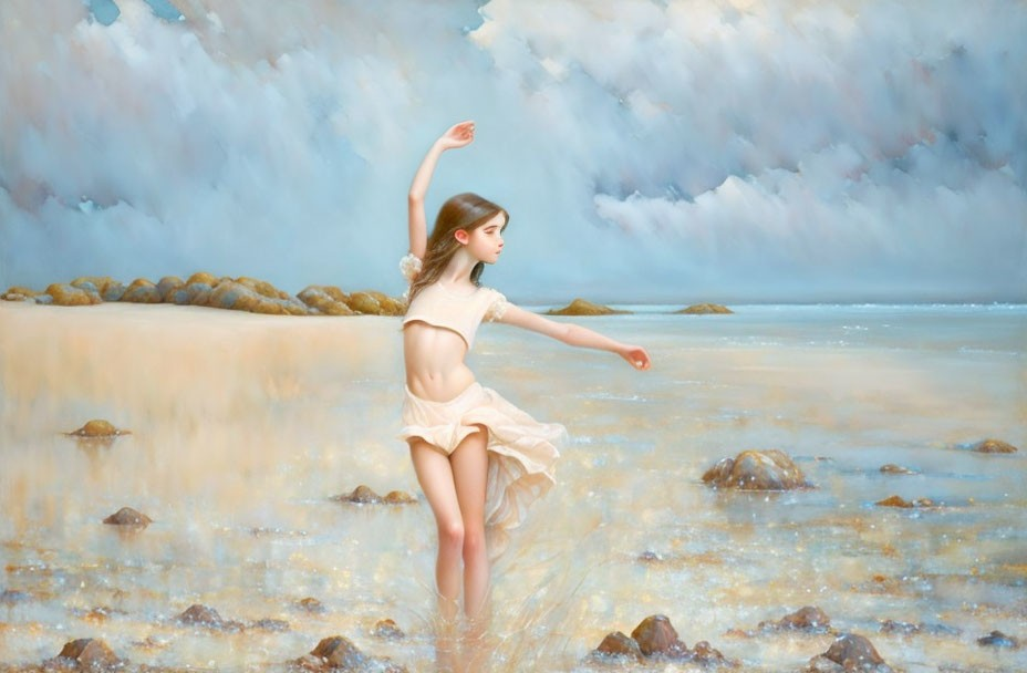 Surreal painting of young woman dancing on water with cloudy sky and rocks.