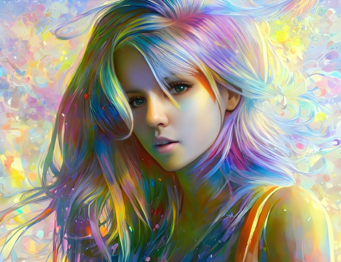 Colorful digital art portrait of a woman with multicolored hair and vibrant abstract background.