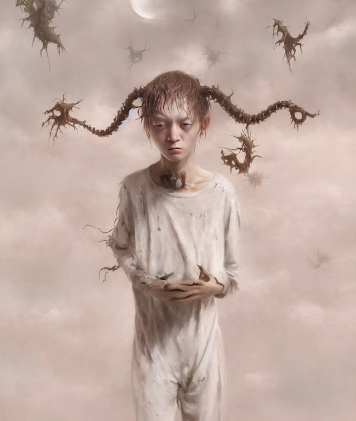 Surreal image of child with twisted horns in bleak landscape