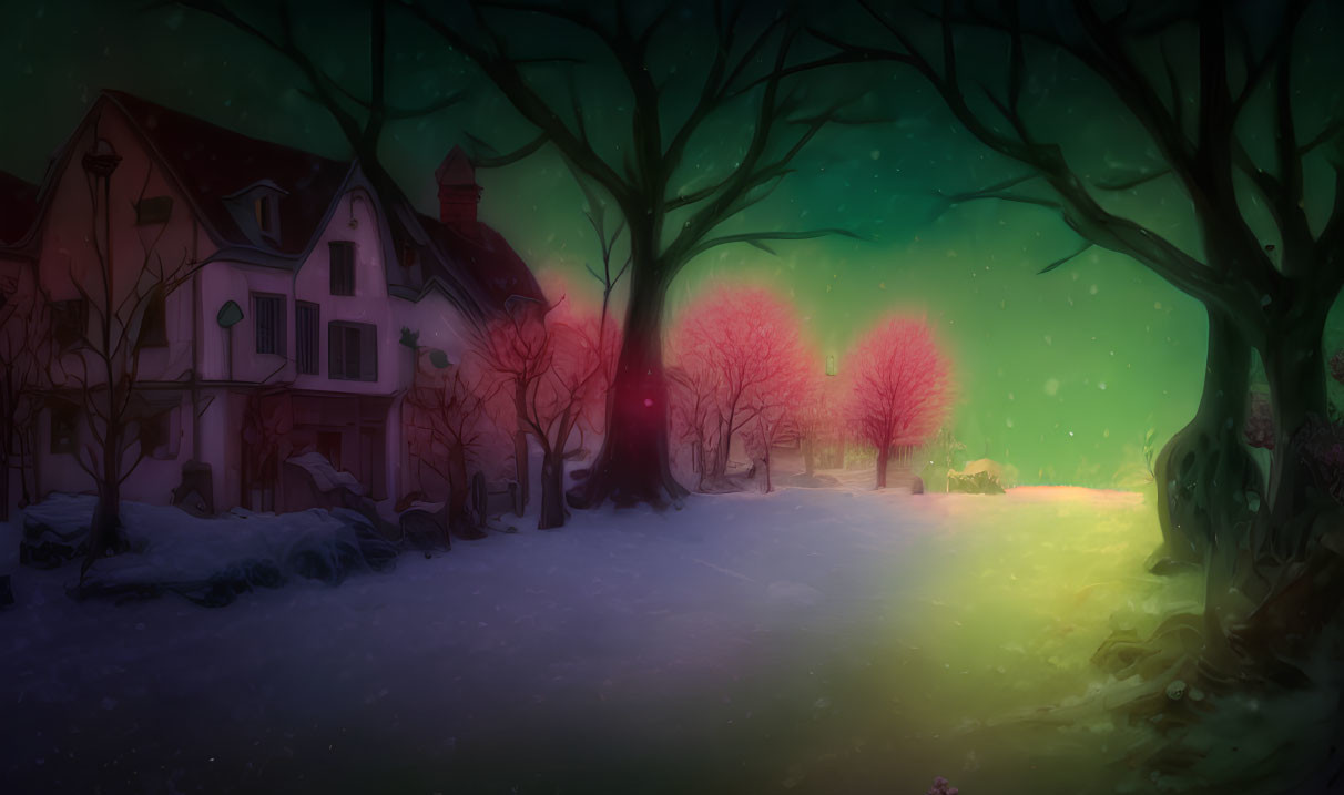 Snow-covered street with house, bare trees, and glowing pink and green lights at dusk