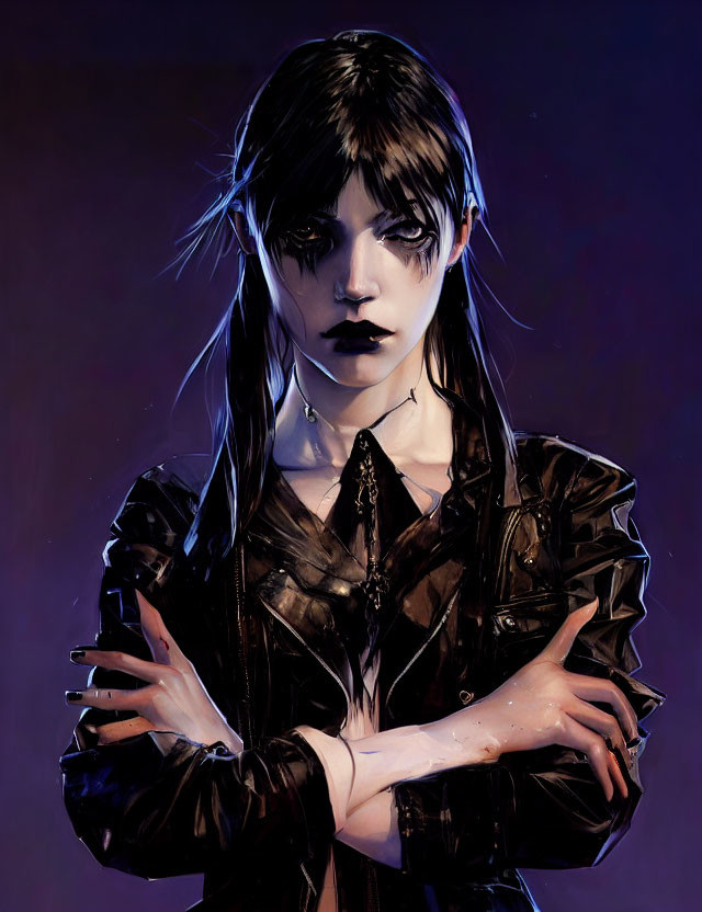 Digital artwork: Person with black hair, dark makeup, and leather jacket