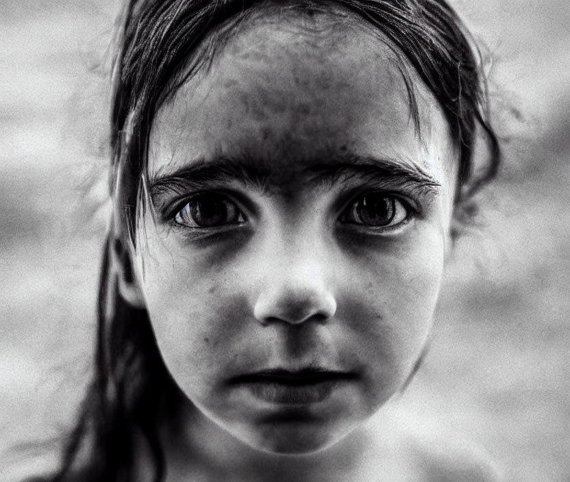 Monochrome close-up portrait of intense-eyed young girl