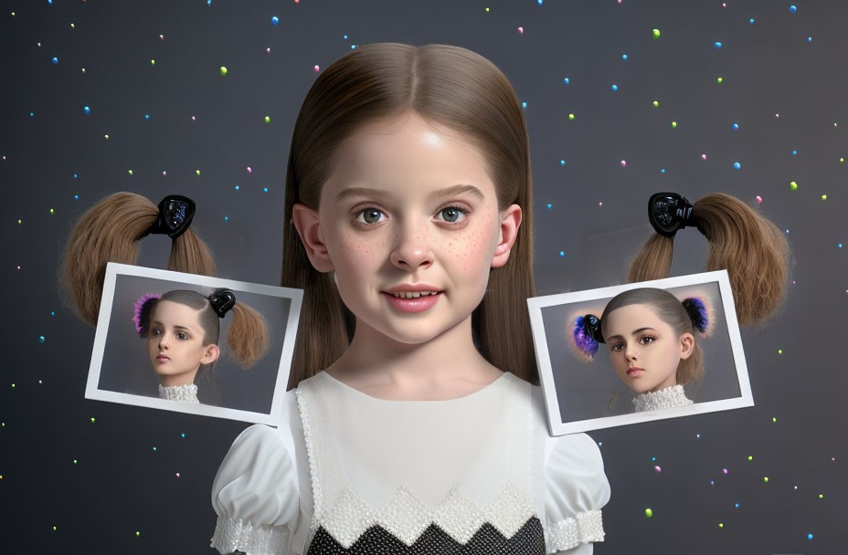 Young girl with ponytails in black and white dress surrounded by side-profile portraits