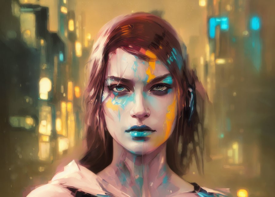 Digital painting of woman with blue features in cityscape.
