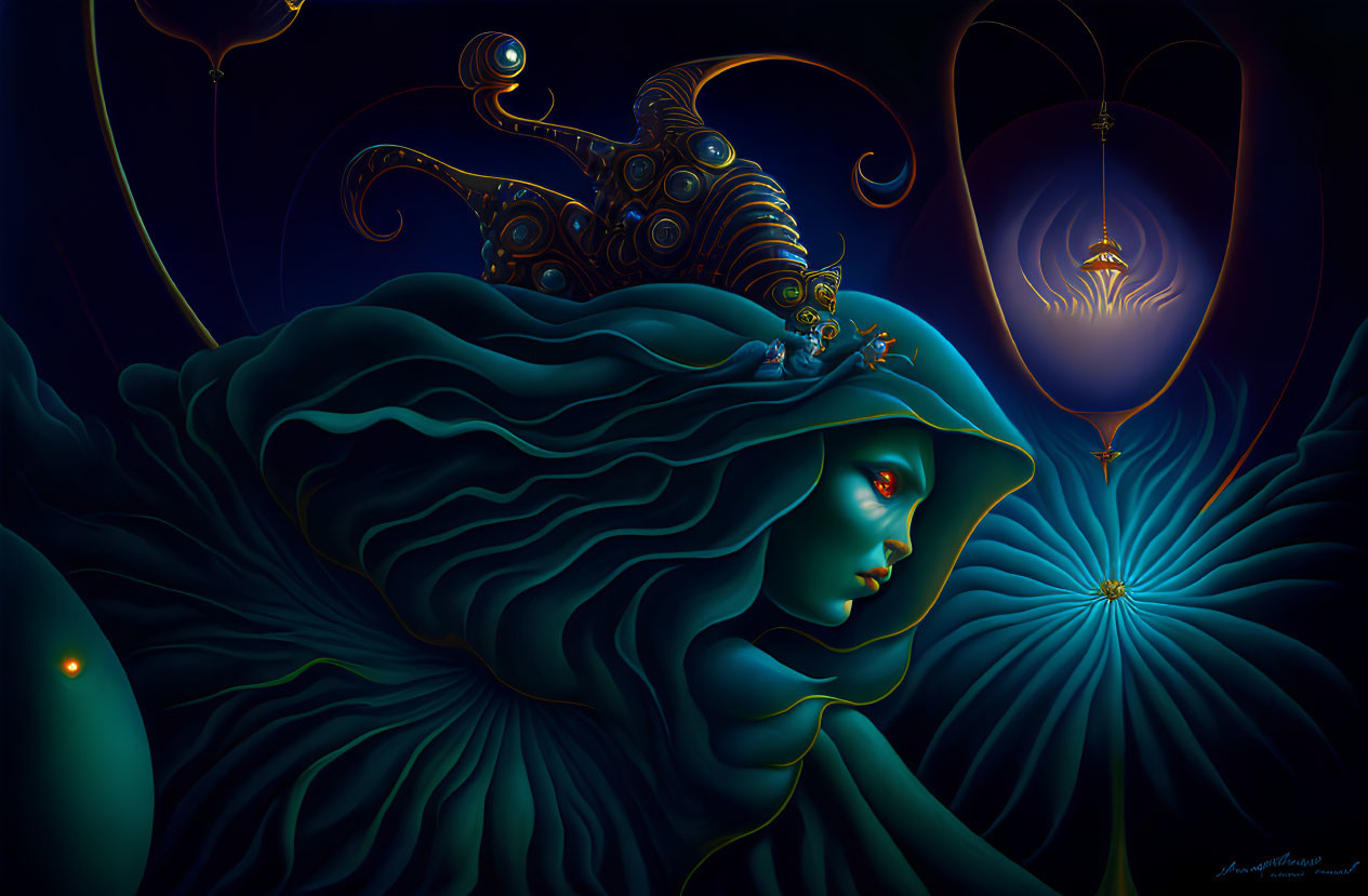 Surreal Artwork: Blue-skinned woman with mechanical headdress on dark background