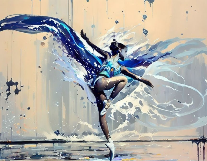 Ballerina mid-dance with swirling blue paint dress