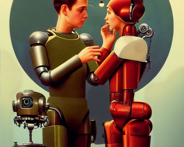 Illustration of red robot touching man's face with vintage camera robot in background