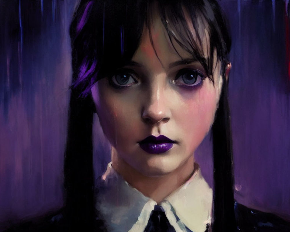 Young Woman with Dark Hair and Piercing Gaze in Digital Painting
