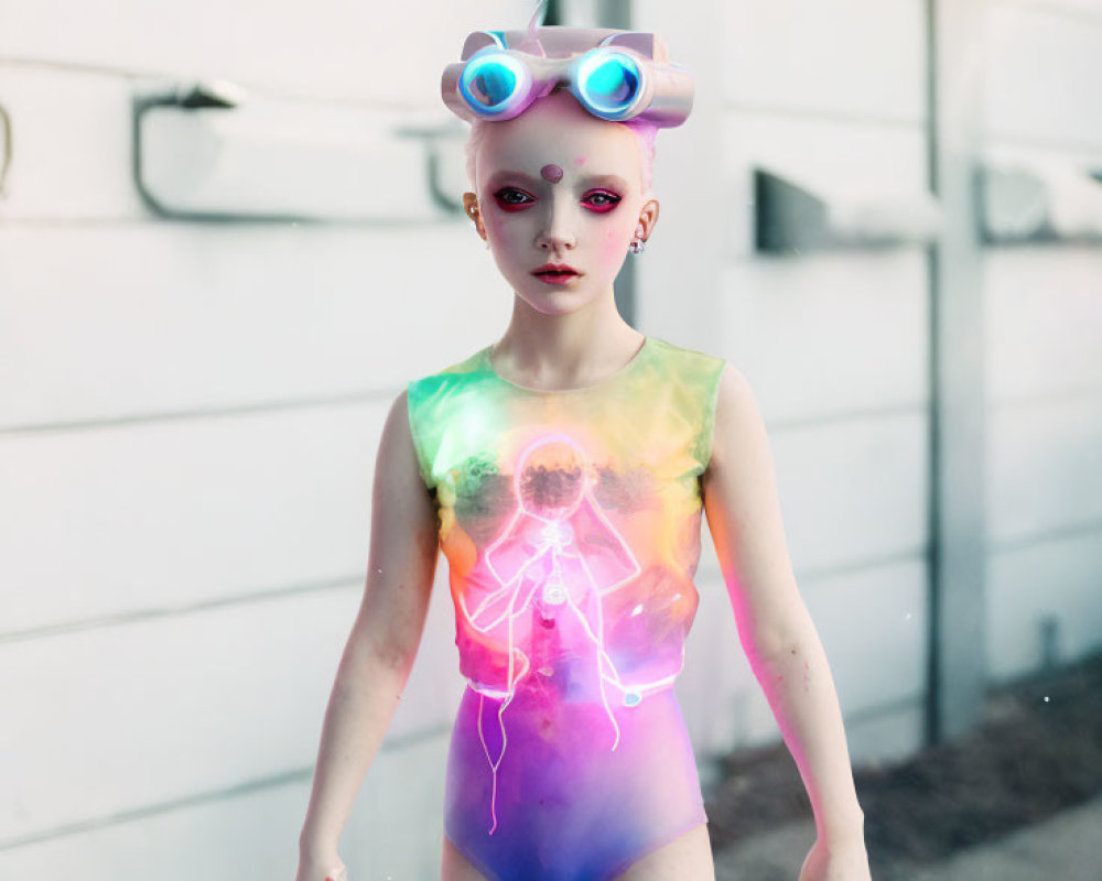Person with Pastel Rainbow Body Paint and Pink Futuristic Goggles on White Background