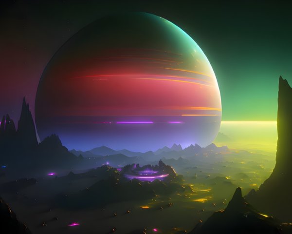 Surreal sci-fi landscape with large ringed planet and neon-lit terrain