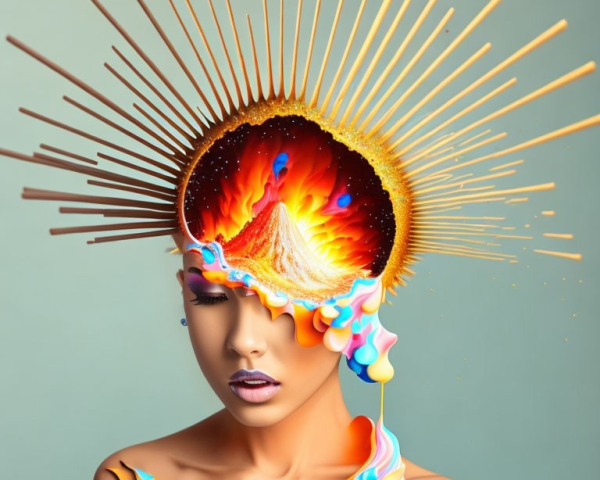 Colorful surreal portrait with exploding star headpiece and melting ornaments
