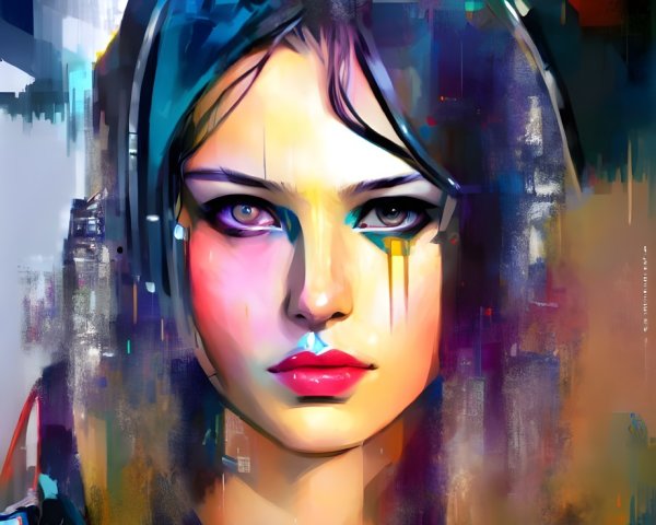Colorful Digital Art of Woman's Face with Abstract Blue and Yellow Elements