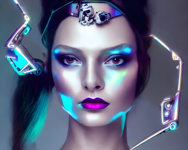 Female model with cybernetic enhancements and blue lighting in digital art portrait