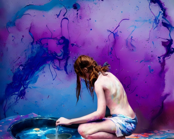 Person sitting with hand in liquid basin against blue and purple background
