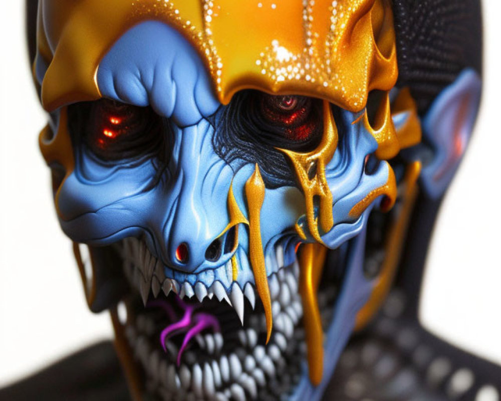 Detailed skull mask with blue and black tones and orange lava effects
