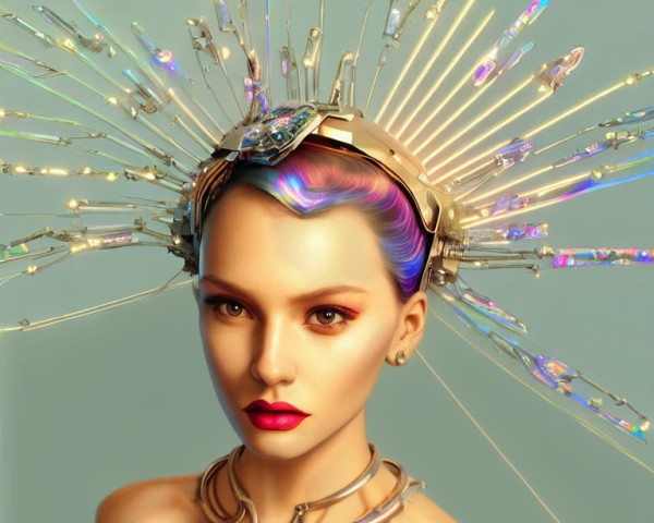 Futuristic digital artwork of woman with crystal headdress on teal background