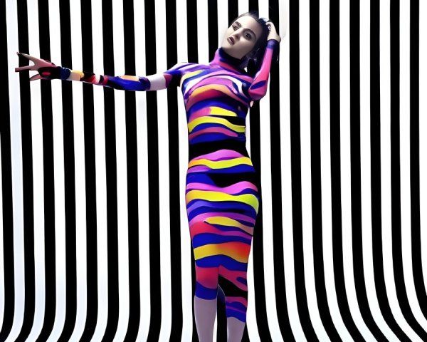 Colorful Striped Dress Woman Against Optical Illusion Background