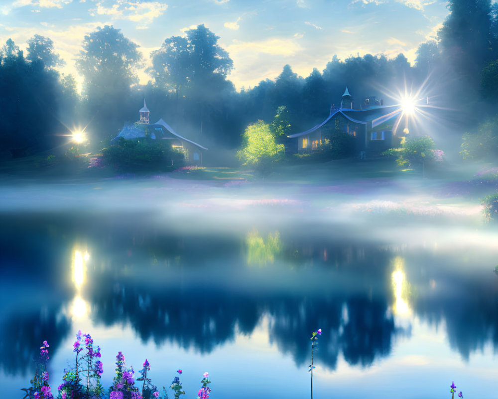 Tranquil lakeside sunrise with house, church, greenery, and flowers