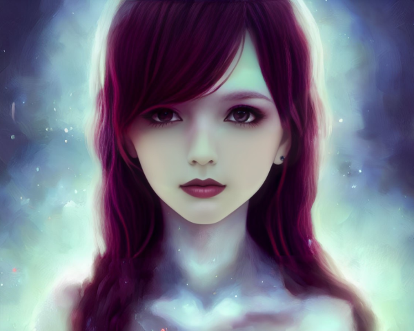 Purple-haired girl in digital art with cosmic elements on ethereal blue background