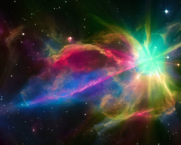Vibrant cosmic scene with green starburst and colorful clouds