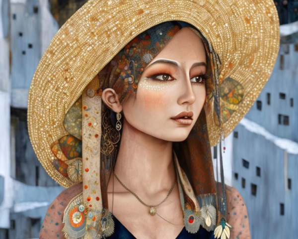 Digital artwork: Woman with skin patterns, golden hat, earrings & blue dress on textured background