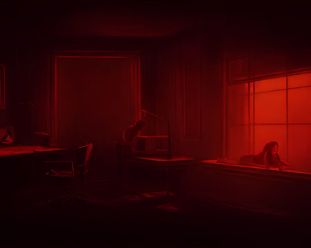 Dimly Lit Room with Red Light Silhouette Sitting at Desk