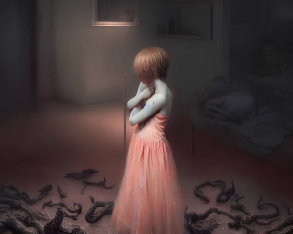 Dark room with girl in pink dress, surrounded by serpentine creatures and desolate bed.
