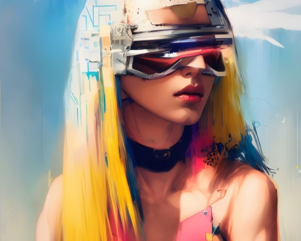 Blonde woman in futuristic helmet with abstract background