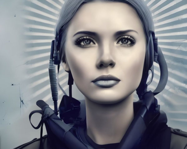Futuristic woman with gray skin and headset in radiant backdrop