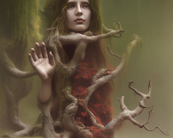 Contemplative woman in red foliage emerges from twisted tree roots