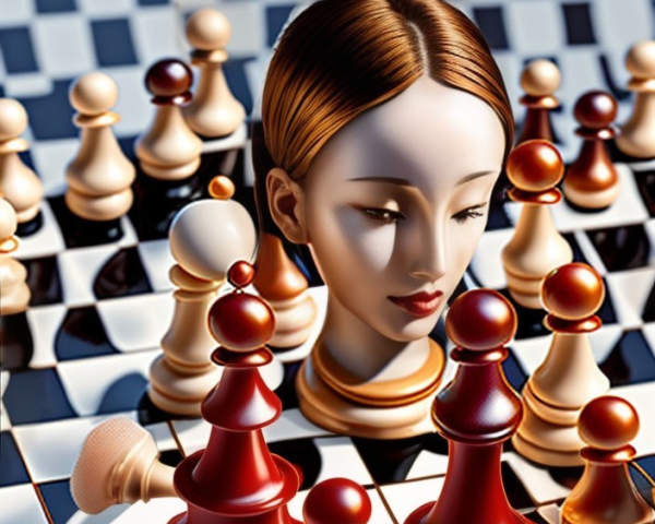 CGI Female Face Merged with Chessboard and Pieces
