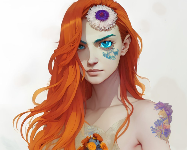 Digital Artwork: Woman with Red Hair, Flower Eye, Floral Tattoos