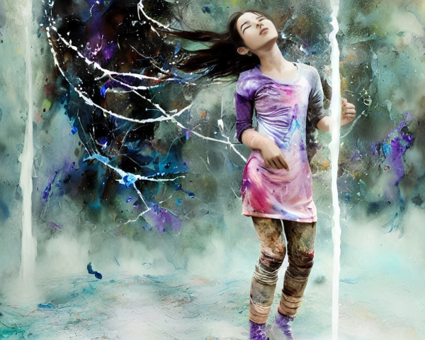 Woman engulfed in vibrant paint splashes, blending with chaotic swirl.