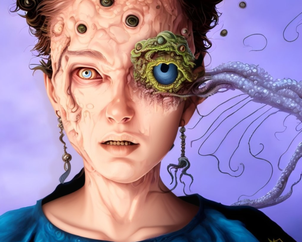 Portrait of person with distorted features: tentacled creature over one eye, multiple eyes on cheek