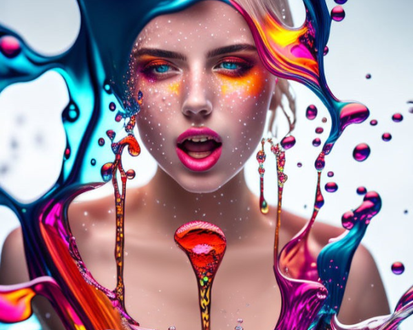 Colorful makeup woman in vibrant swirling liquid colors