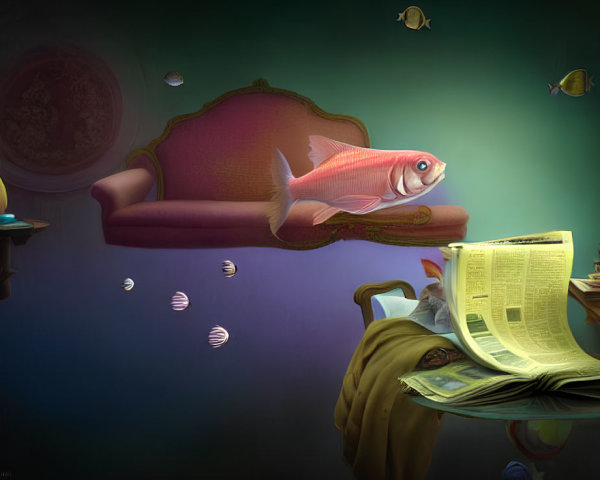Surreal underwater room with floating fish, people reading and sitting