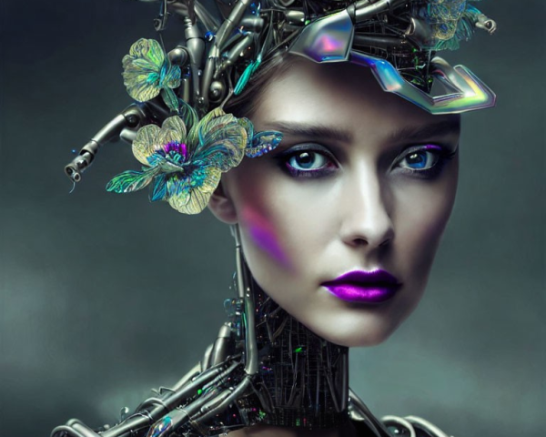 Female Cyborg Digital Artwork: Futuristic Headpiece with Metallic Flowers and Circuitry