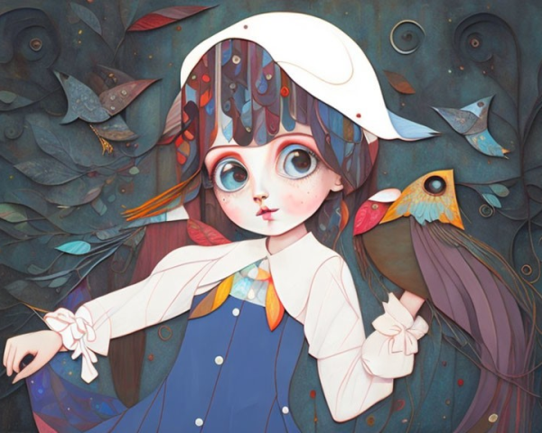 Whimsical girl with large eyes, birds, and florals in nocturnal colors
